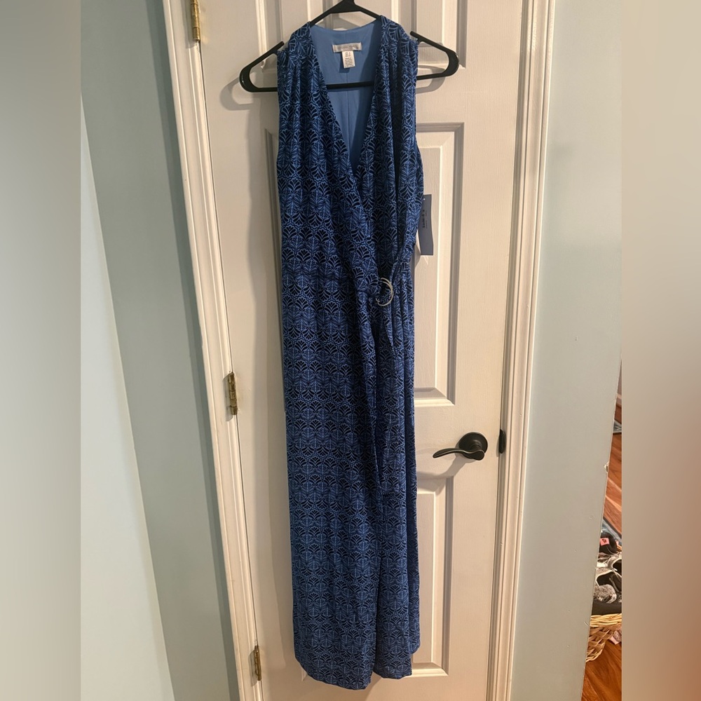 NWT London Times Blue Navy Sleeveless Jumpsuit Art Deco Print Size 4